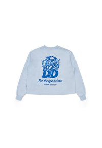 Himmelblaues Sweatshirt mit langen Ärmeln, das ein grafisches Motiv von Blumen und den Text "Für die guten Zeiten" in Dunkelblau auf dem Rücken zeigt.