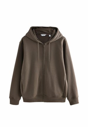Brown zip-up hoodie made from soft fabric, featuring a drawstring hood, ribbed cuffs, and two side pockets. Simple, casual design.