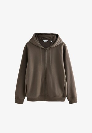 Barna cipzáras kapucnis pulóver puha anyagból, húzózsinórral ellátott kapucnival, bordázott mandzsettákkal és két oldalsó zsebbel. Egyszerű, hétköznapi dizájn.