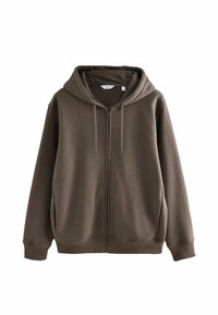 Sudadera marrón con cremallera y capucha ajustable, de mangas largas y puños acanalados. El material parece suave con una textura lisa.