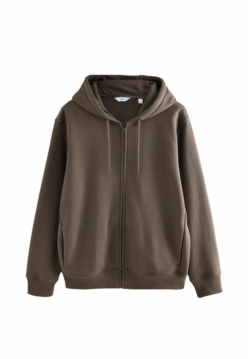 Sudadera marrón con cremallera y capucha ajustable, de mangas largas y puños acanalados. El material parece suave con una textura lisa.