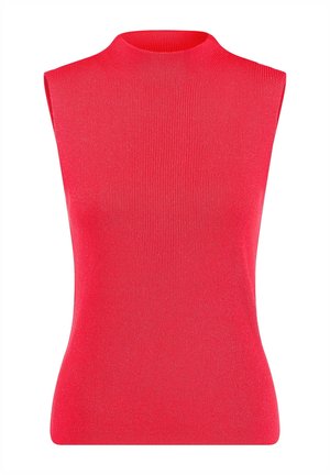 Mouwloze felrode geribbelde gebreide top met hoge ronde halslijn en aangesloten taille.