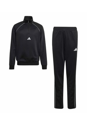 Schwarzer Adidas Trainingsanzug mit langärmligem Reißverschluss-Oberteil und passenden Hosen, beide mit weißen Adidas-Logos und dezenten weißen Paspeldetails.