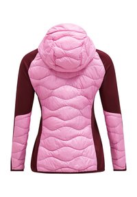Giacca isolante con una parte frontale trapuntata rosa e maniche borgogna, dotata di cappuccio e un motivo di cucitura ondulato sul corpo.