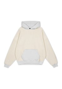 Fleece hoodie in crème met een contrasterende lichtgrijze pocket en boorden, met een ontspannen pasvorm en gestikte details.