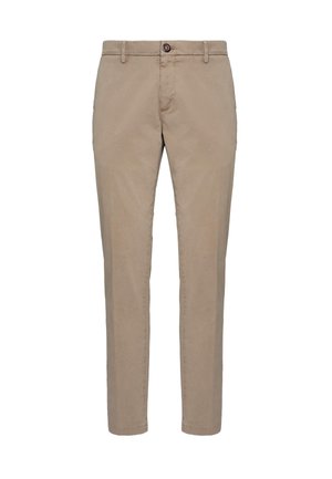 Chinos beige con un corte plano, trabillas para cinturón y cierre de un solo botón. Ajuste slim con piernas rectas y detalles de costura mínimos.