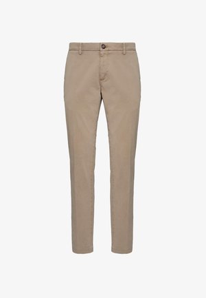 Beżowe chinosy z płaskim przodem, szlufkami na pasek i pojedynczym zapięciem na guzik. Slim fit z prostymi nogawkami i minimalnymi detalami przeszyć.