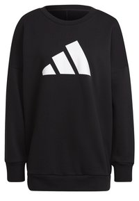 Czarna bluza z miękkiego materiału, z okrągłym dekoltem i długimi rękawami. Na przodzie wyraźnie widoczne duże białe logo Adidas.