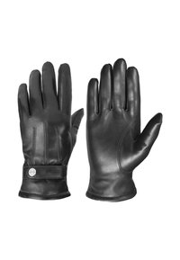 Black leather gloves featuring a smooth texture, five-finger design, and stitching detail. Includes a cuff with a snap button accent.