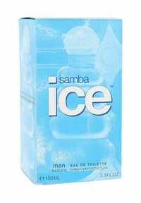 Blå kartongförpackning för "samba ice" eau de toilette, med design inspirerad av en vattendosa, tydlig tryckning och en kapacitet på 100 ml.