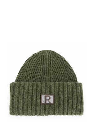 Green ribbed knit beanie with folded brim featuring a rectangular patch with the letter R in the center front.
