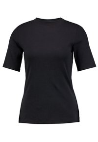 Top nero a maniche corte con scollatura rotonda. Realizzato in un tessuto liscio e elastico, presenta una vestibilità aderente e senza motivi o accessori visibili.