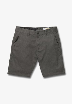 Szare szorty wykonane z lekkiego materiału, z dwiema bocznymi kieszeniami, z zapięciem na guzik oraz prostymi nogawkami. Gładki przód bez wzorów.