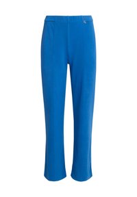 Blue, tailored pants with a smooth texture, straight leg, and slight hem slits. Features a front closure with a small metallic accent.