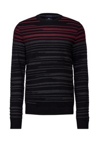 Pull à manches longues pour homme avec col rond, à rayures horizontales dans des tons de rouge, gris foncé et noir.