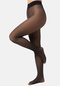 Schwarze, transparente Strumpfhosen mit einem bequemen schwarzen Bund. Der Stoff wirkt glatt und elastisch und schmiegt sich eng an die Konturen des Beins an.