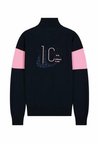 Pull marin avec un col montant, des rayures rose sur les manches et un graphique avec "10 Eden Park FRENCH FLAIR" dans des couleurs contrastées.