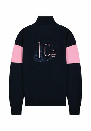 Pull marin avec un col montant, des rayures rose sur les manches et un graphique avec "10 Eden Park FRENCH FLAIR" dans des couleurs contrastées.