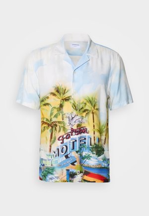 Short-sleeve button-up shirt in lightweight fabric featuring a tropical print with palm trees, sunset colors, and a "Falcon Motel" graphic.