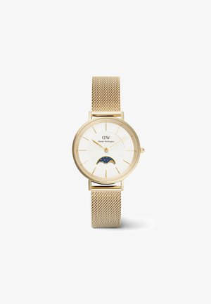 Auksinės tinklinės dirželio laikrodis su baltu tekstūruotu ciferblatu, auksinėmis detalėmis ir mėlynu mėnulio fazių rodmeniu. Yra auksiniai valandos žymenys ir rodyklės.