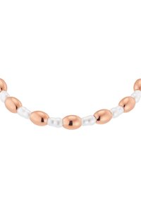 Collana di perle bianche e oro rosa con una combinazione di forme ovali e rotonde, che presenta finiture metalliche lisce e texturizzate.