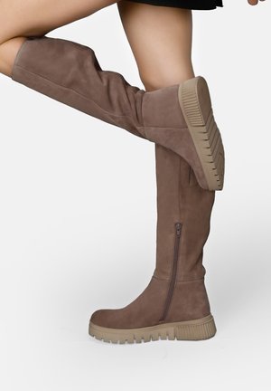 Bottes en suède marron jusqu'au genou avec une semelle en caoutchouc épaisse, fermeture éclair sur le côté, et une texture lisse. Le design présente une forme ajustée.