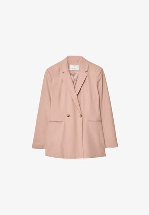 Roza dvobarvna blazer jakna z izrezanimi reverji, dvema sprednjima žepoma in dvema gumboma. Gladek material s prilegajočim krojem.