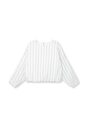 Blusa bianca a maniche lunghe con righe verticali nere, scollo rotondo, orlo e polsini elasticizzati, distesa su uno sfondo bianco.
