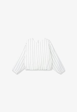 Blusa bianca a maniche lunghe con righe verticali nere, scollo rotondo, orlo e polsini elasticizzati, distesa su uno sfondo bianco.