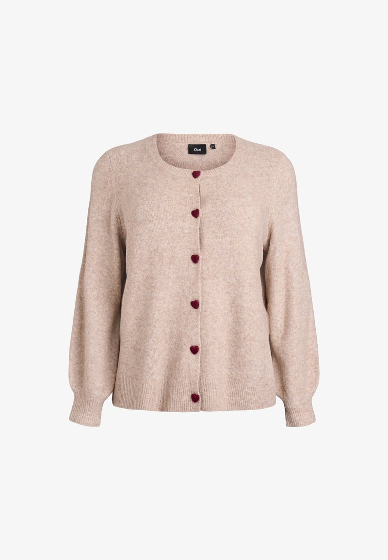 Cardigan beige en tricot à manches longues avec six boutons rouges en forme de cœur sur le devant, col rond.