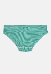 Grüne und weiße horizontal gestreifte Damen-Bikini-Unterwäsche mit genähten Nähten auf weißem Hintergrund.