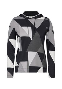 Hoodie van katoenmix stof, met een geometrisch patroon in zwart, grijs en wit, met contrasterende texturen en koordjes.