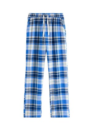 Niebiesko-białe spodnie do spania w kratę z elastycznym pasem i białym sznurkiem, o prostym kroju nogawki, ułożone płasko na białym tle.
