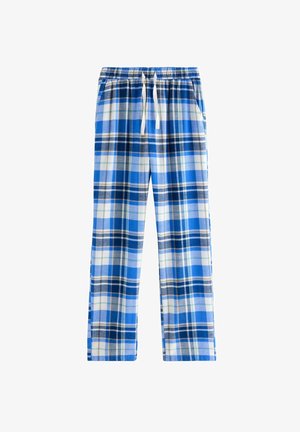 Pantaloni del pigiama a quadri blu e bianchi con fascia elastica in vita e coulisse bianca, taglio a gamba dritta, disposti in piano su sfondo bianco.