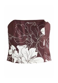 Top bordo fără bretele cu modele mari florale albe. Textură netedă, asemănătoare satinului; design cambrat cu tiv drept și linii curate.