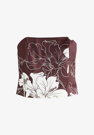 Bordeauxrotes trägerloses Oberteil mit großen weißen Blumenmustern. Glatte, satinähnliche Textur; figurbetontes Design mit geradem Saum und klaren Linien.