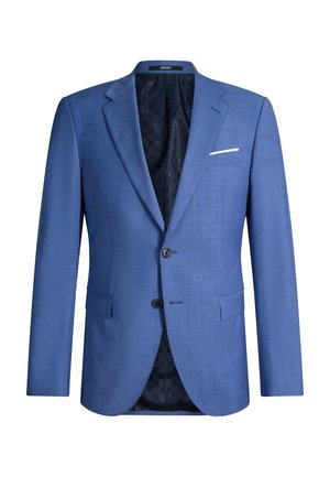 Blazer da uomo blu con due bottoni neri, rever a dente di topo, tasche frontali con patta, fazzoletto bianco nel taschino e fodera nera con motivo.