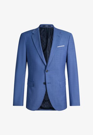 Blazer da uomo blu con due bottoni neri, rever a dente di topo, tasche frontali con patta, fazzoletto bianco nel taschino e fodera nera con motivo.