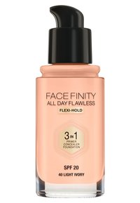 Pumpeflaske med foundation i lys elfenbenfarve, med sort låg og ferskenfarvet base. Indeholder SPF 20 og er mærket som 3-i-1 primer, concealer, foundation.