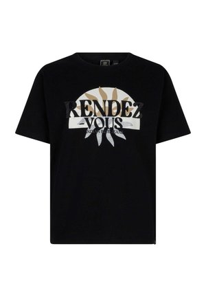Schwarzes Baumwoll-T-Shirt mit Rundhalsausschnitt und kurzen Ärmeln, ausgestattet mit einem grafischen Druck, der "RENDEZ-VOUS" und ein Sonnendesign in Beige und Grau zeigt.