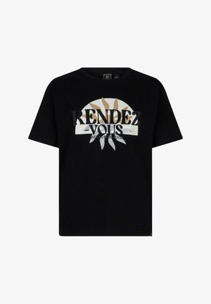 Zwart katoen T-shirt met een ronde hals en korte mouwen, met een grafische print van "RENDEZ-VOUS" en een zonontwerp in beige en grijs.