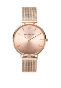 Roségoldene Uhr mit minimalistischer Gestaltung, die ein rundes Ziffernblatt, ein Mesh-Armband und einfache Stundenmarker aufweist. Das Markenlogo befindet sich auf 12 Uhr.