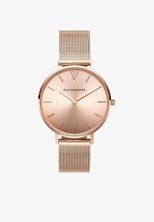 Roségoldene Uhr mit minimalistischer Gestaltung, die ein rundes Ziffernblatt, ein Mesh-Armband und einfache Stundenmarker aufweist. Das Markenlogo befindet sich auf 12 Uhr.