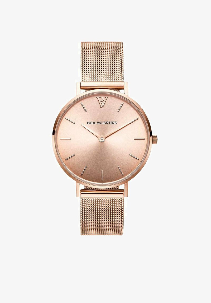 Roségoldene Uhr mit minimalistischer Gestaltung, die ein rundes Ziffernblatt, ein Mesh-Armband und einfache Stundenmarker aufweist. Das Markenlogo befindet sich auf 12 Uhr.