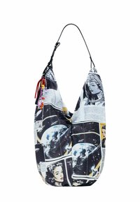 Riidest valmistatud hobokott, millel on kosmoseteemaline graafiline kujundus, mustvalged aktsendid ja värvilised helmestega detailid.