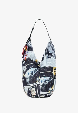 Riidest valmistatud hobokott, millel on kosmoseteemaline graafiline kujundus, mustvalged aktsendid ja värvilised helmestega detailid.