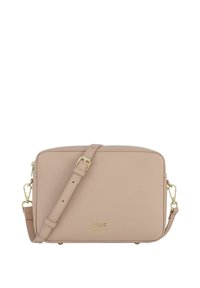 Beżowa syntetyczna torba na ramię o fakturowanym wykończeniu, z elementami w kolorze złotym, regulowanym paskiem i prostokątnym kształcie. Emblemat z logo na przodzie.
