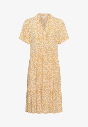 Gelb-weißes kurzärmeliges Kleid mit V-Ausschnitt und stufigem Rock, mit abstraktem Tierdruckmuster.