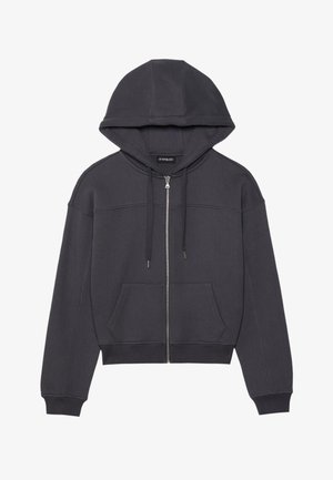 Dunkelgrauer Reißverschluss-Hoodie mit großer Kapuze, Fronttaschen und gerippten Bündchen, aus weichem Stoff mit glatter Textur.