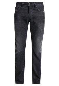 Černé denimové džíny slim fit, s klasickým pětikapsovým designem, kovovým zapínáním a jemnou vybledlou texturou.